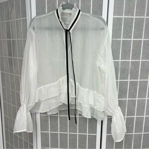 Elegant Loose White Ruffle Sheer Blouse